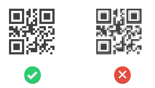 Zwei QR Codes in unterschiedlichen Formaten, links scharfes Bild von QR Code im Vektor format, rechts unscharfer QR Code