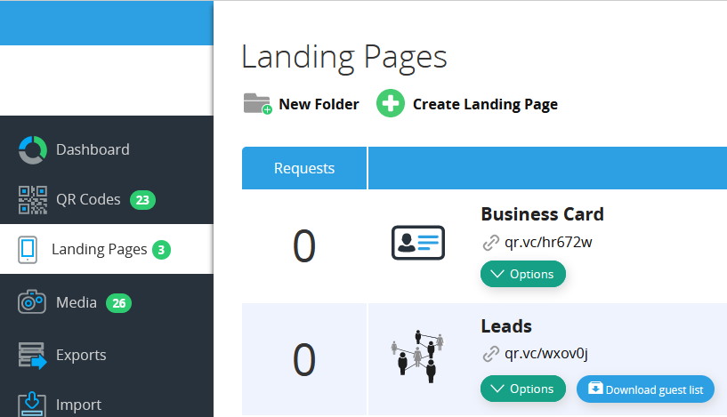 Landing Pages Liste