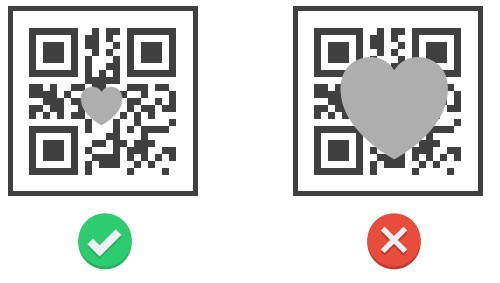 Zwei QR Codes mit Logo, links mit passender Größe, rechts zu großes Logo im QR Code