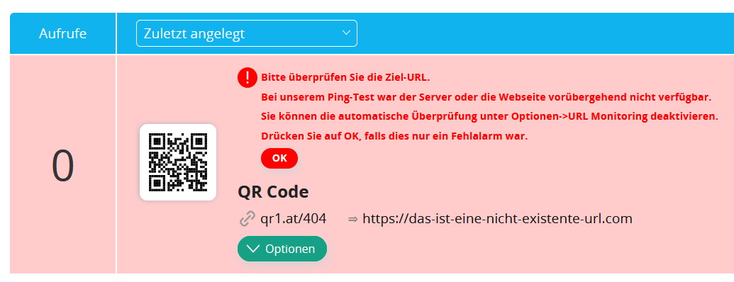 Warnung dass QR Code auf eine nicht existente URL verweist