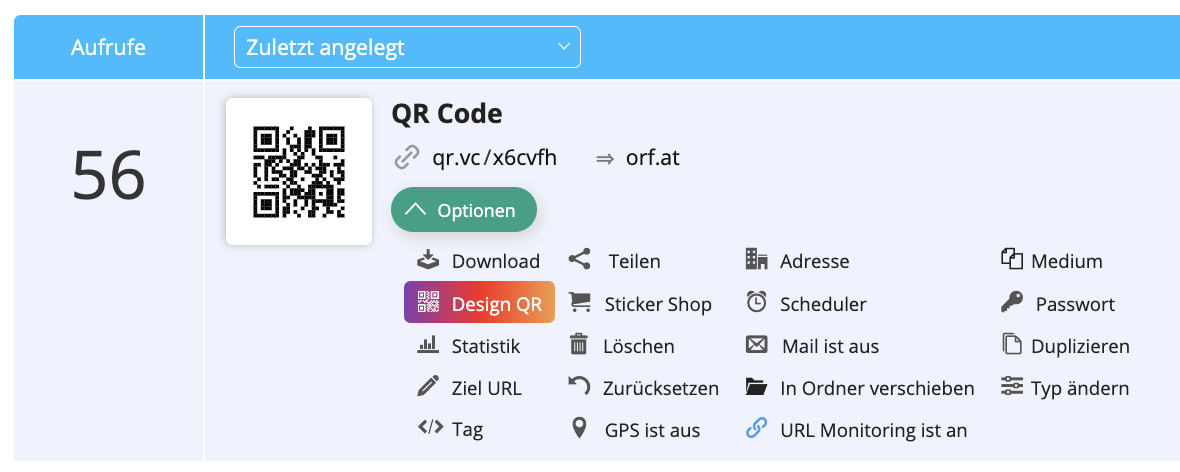 QR Code Optionsmenü mit Typ ändern Menüpunkt