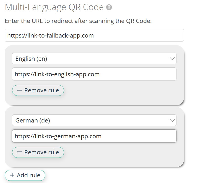 mehrsprachiger qr code mit fallback link und link zur englishen und deutschen app