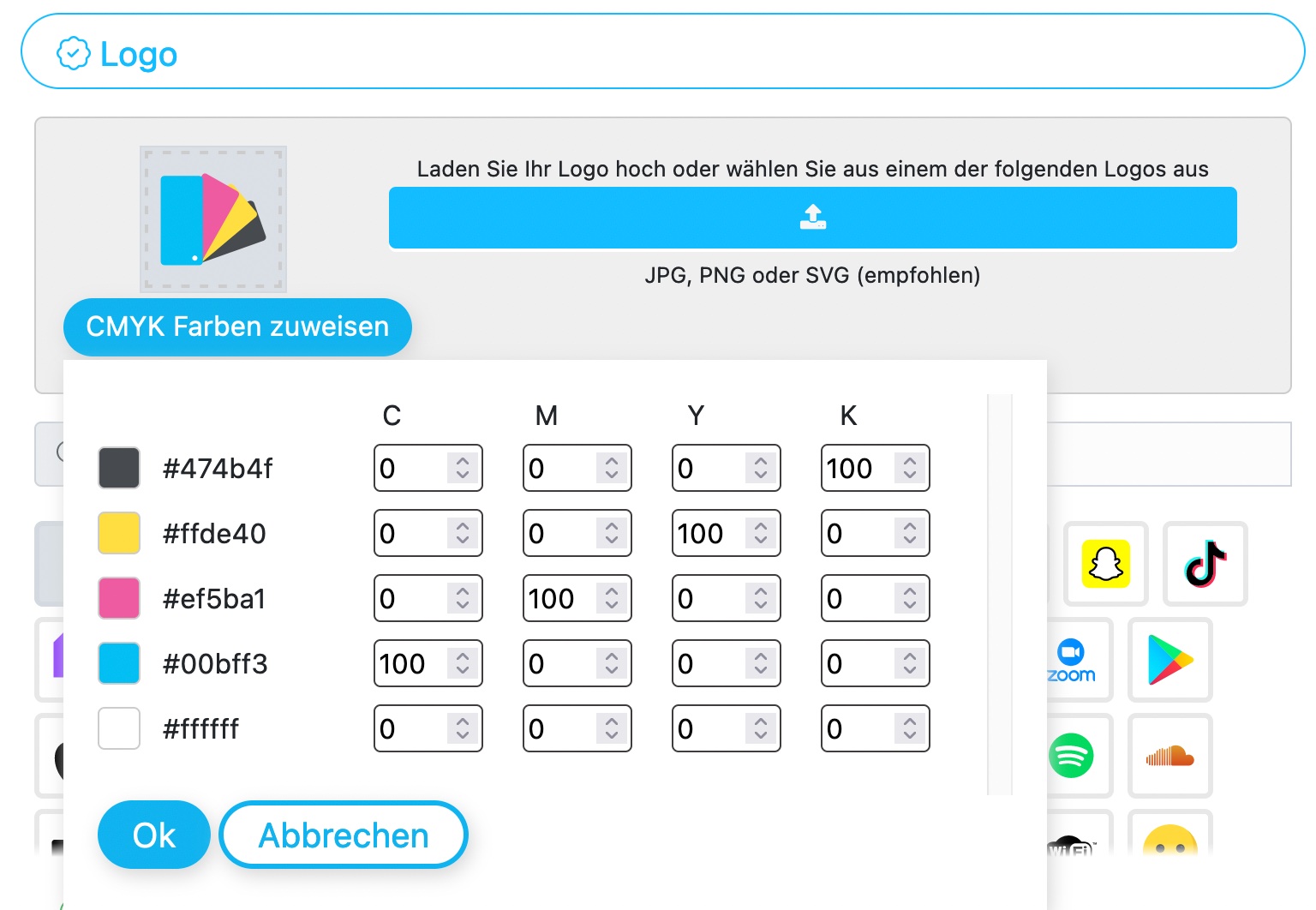 Liste aller Farben im Logo mit Eingabemaske für CMYK-Farbwerte