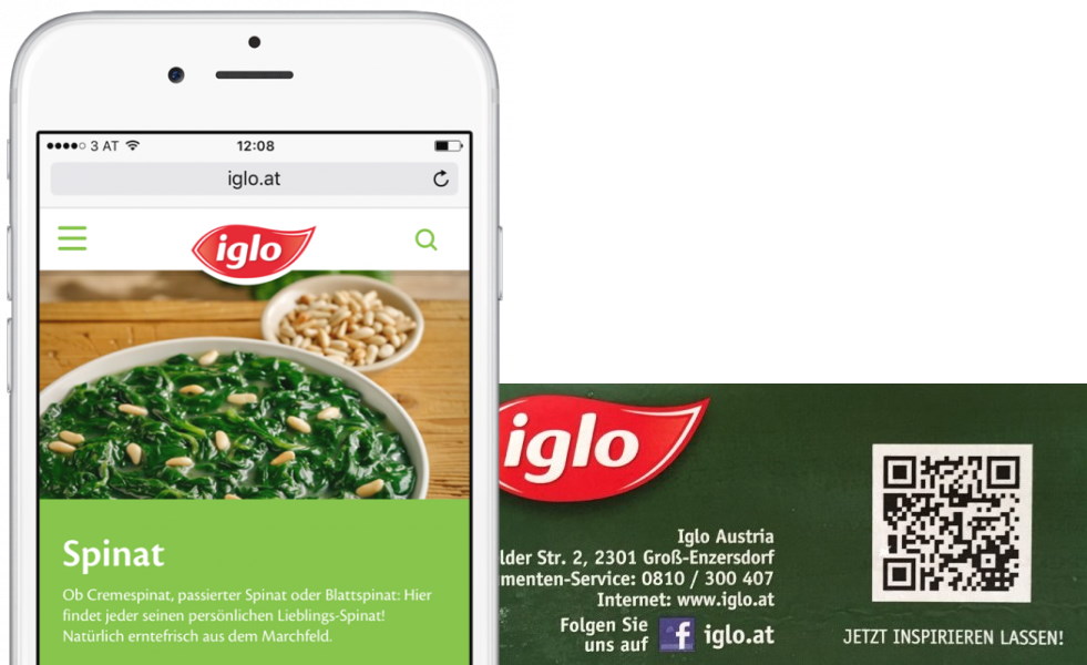 QR Code auf Iglo Verpackung zur Produktwebseite am Smartphone